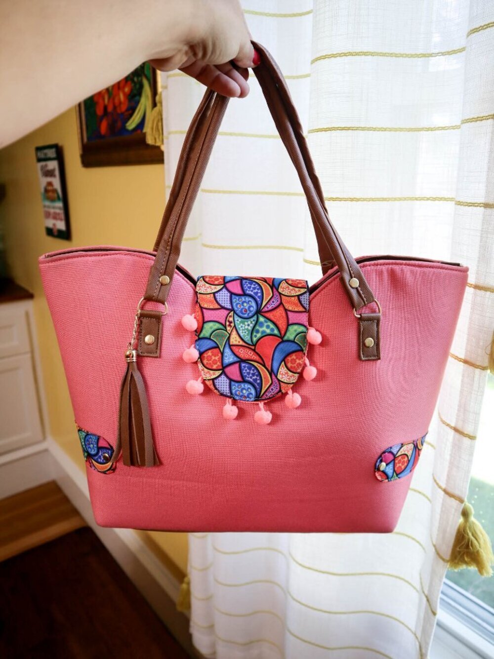 Mexican Tote-style Handbag Purse Fabric and Faux Leather Pom Poms Boho Southwest